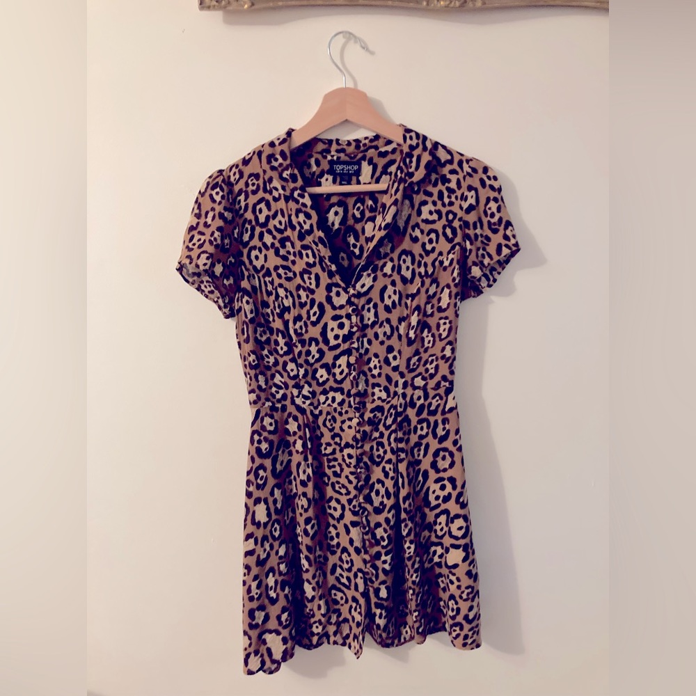 Vintage Topshop Leopard Print Mini Dress with Collar Size 4 Cheetah
